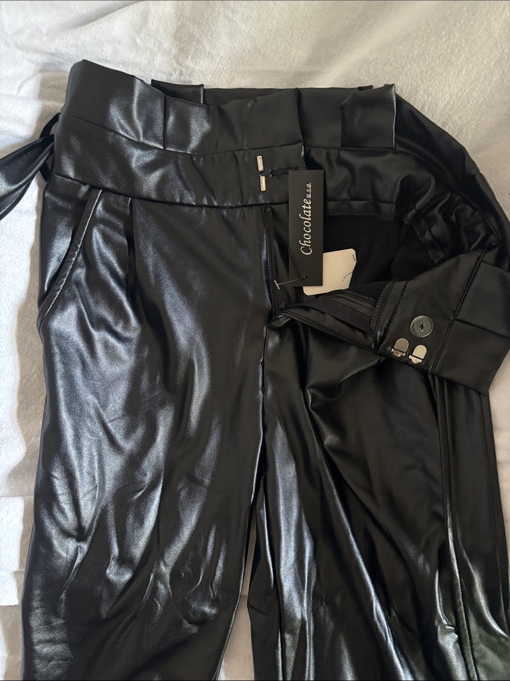 Chocolate USA Faux Leather Paperbag Waist Tapered Pants
